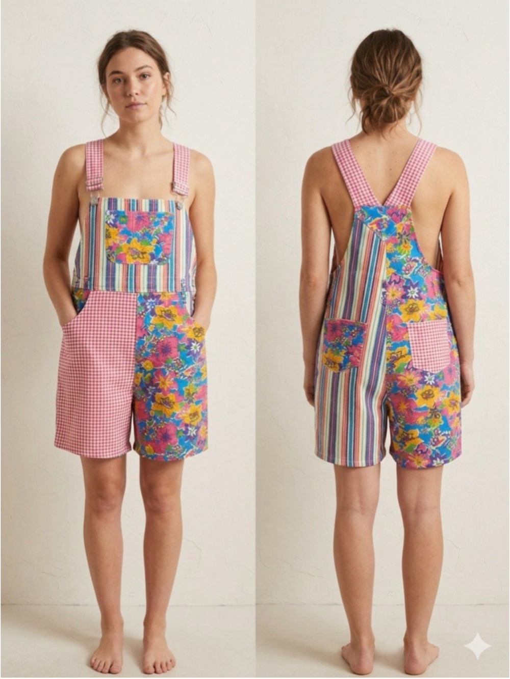 French Toast Rare Vintage Floral Patch Overalls Shorts Size S